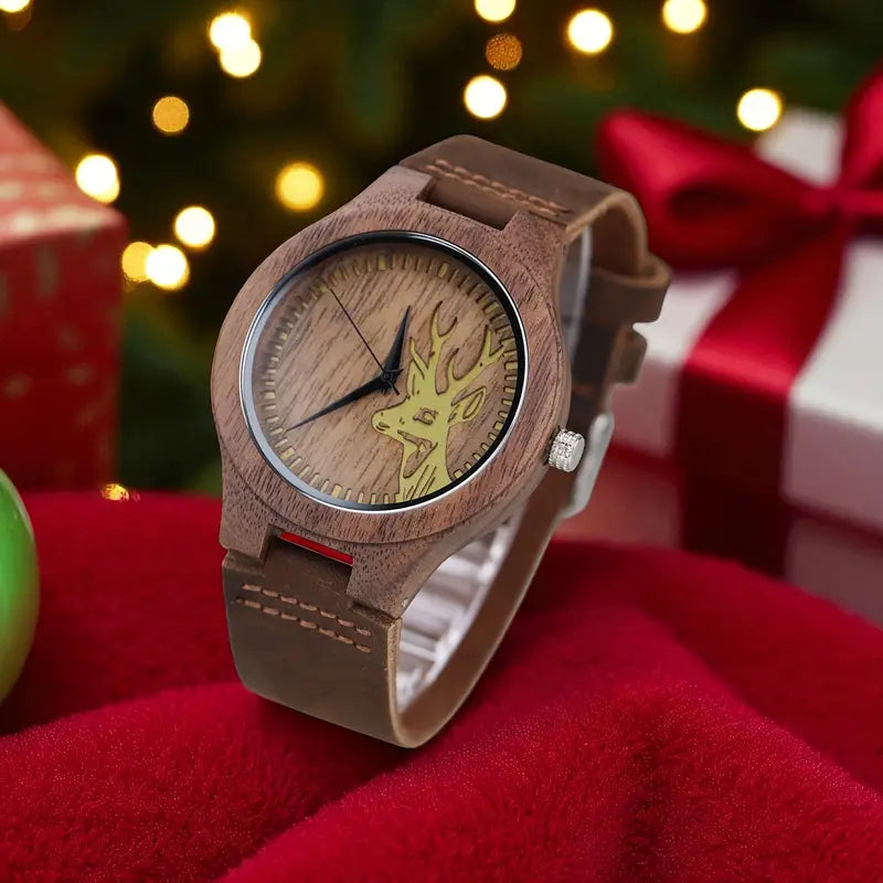 ⌚🌳 Stylish Men’s Walnut Wooden Watch – Quartz Movement with Genuine Leather Strap | Classic Vintage Wristwatch Gift for Men 🎁
