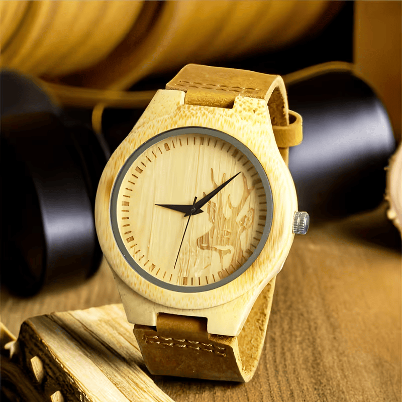 ⌚🌳 Stylish Men’s Walnut Wooden Watch – Quartz Movement with Genuine Leather Strap | Classic Vintage Wristwatch Gift for Men 🎁