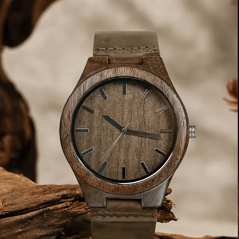 ⌚🌳 Stylish Men’s Walnut Wooden Watch – Quartz Movement with Genuine Leather Strap | Classic Vintage Wristwatch Gift for Men 🎁