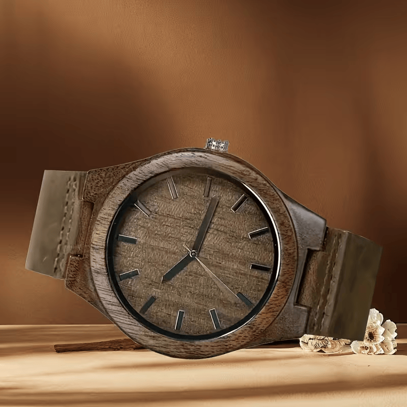 ⌚🌳 Stylish Men’s Walnut Wooden Watch – Quartz Movement with Genuine Leather Strap | Classic Vintage Wristwatch Gift for Men 🎁