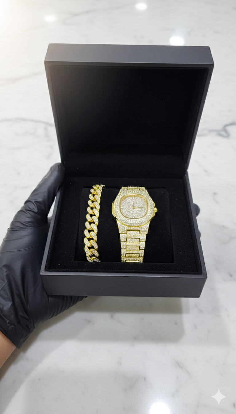 🔥 Luxury Iced-Out Watch & Cuban Bracelet Set – Gold & Silver Bling Jewelry ⌚💎